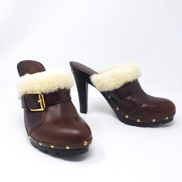 Michael Kors Size 9M Brown Leather Faux Fur Studded Mules Clogs Platform Heels - Picture 1 of 12